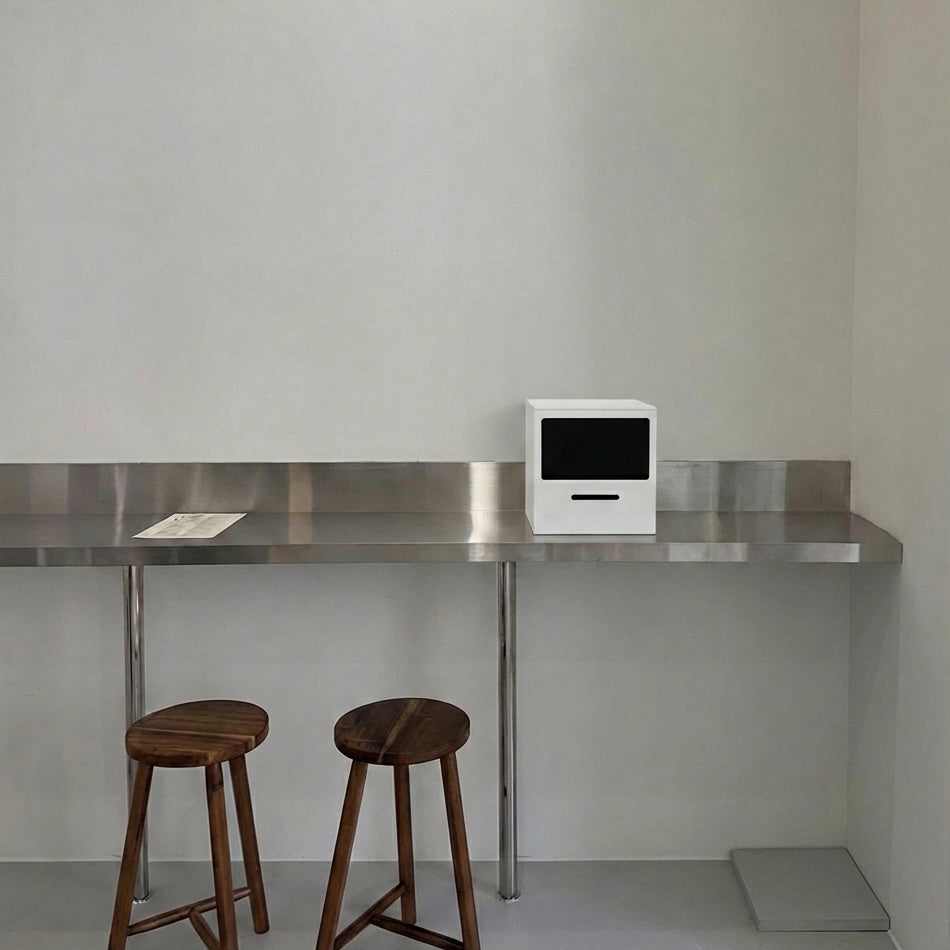Receipt Booth in Bone White on a steel counter beside two stools