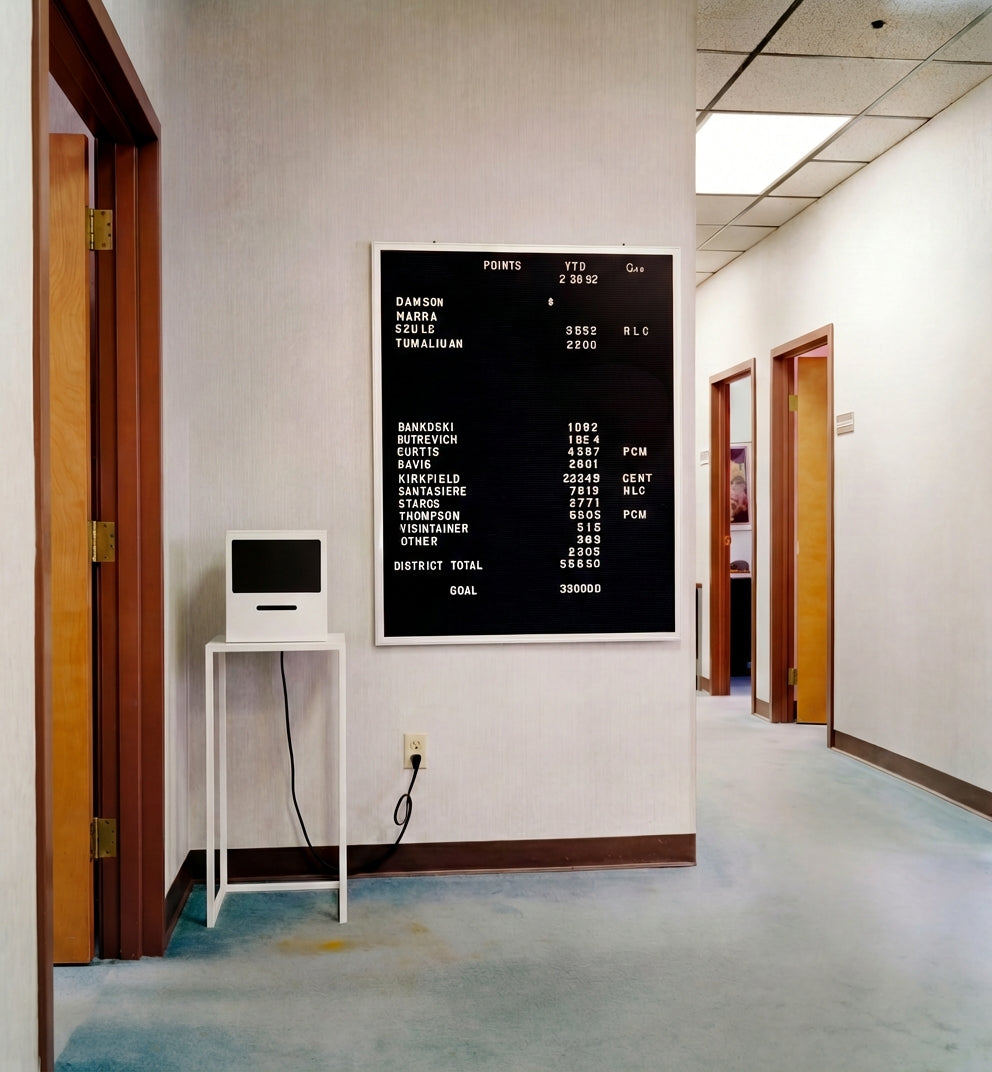 Receipt Booth on a small white stand in a reception area