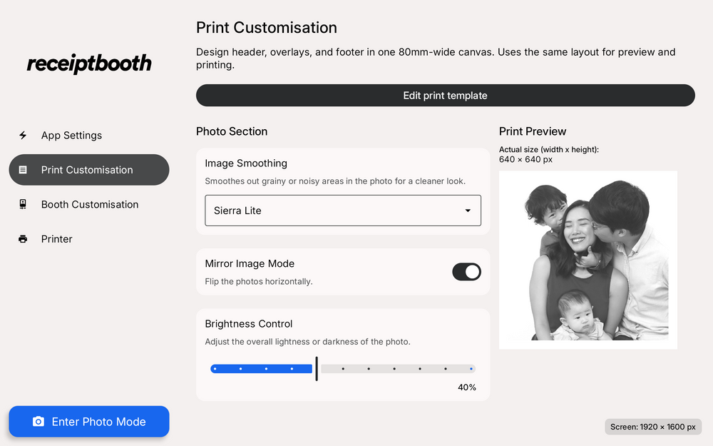 Receipt Booth app print customisation screen