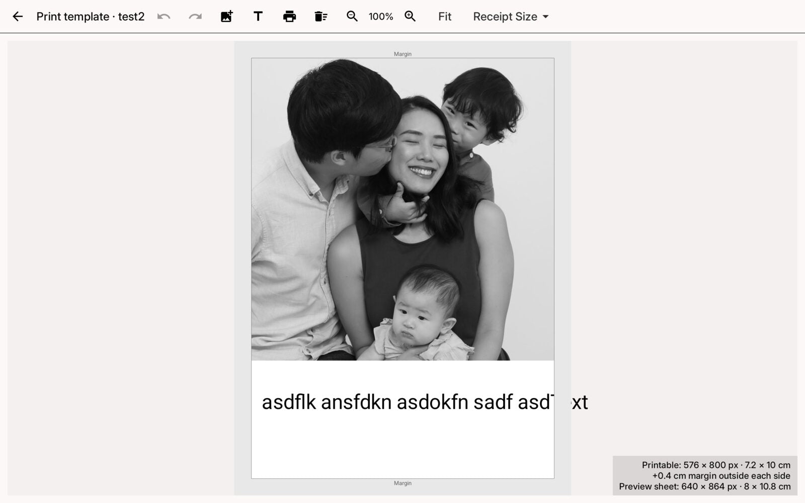 Editor templat cetakan aplikasi Receipt Booth dengan bar alat dan kanvas