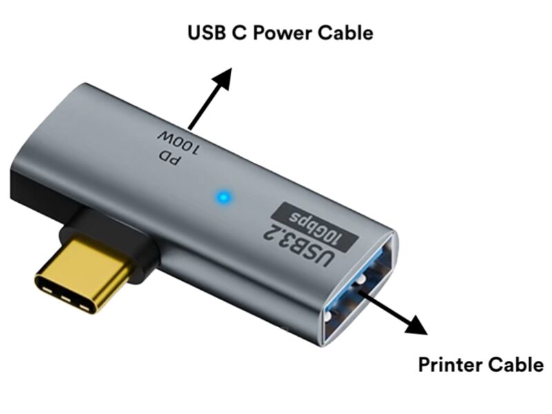 Penyesuai USB C yang menyambung kabel kuasa dan kabel pencetak