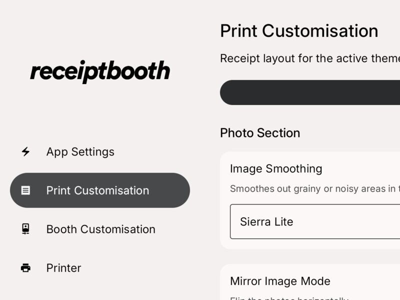 Menu utama aplikasi Receipt Booth dengan Print Customisation, Booth Customisation dan Printer